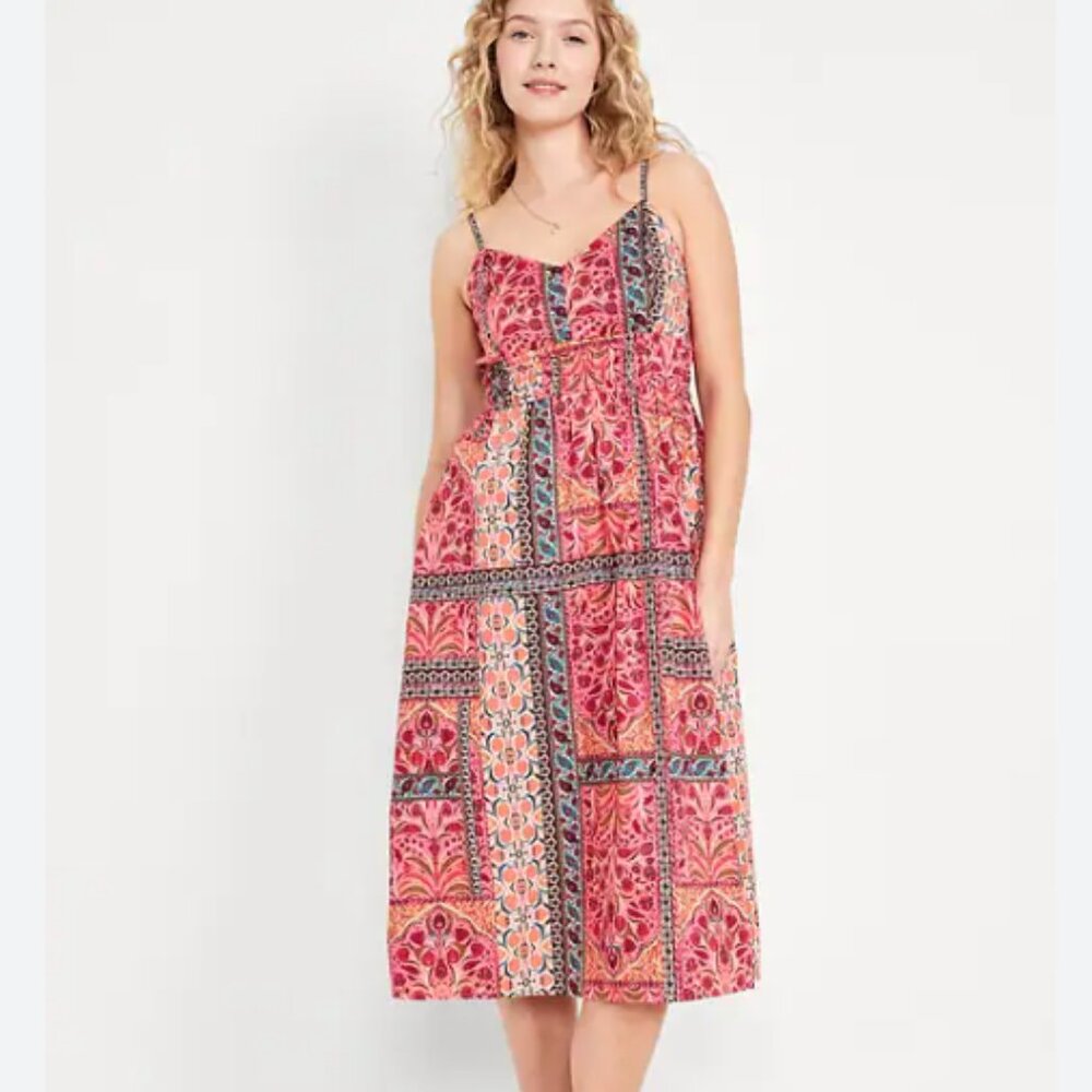 Old Navy Waist-Defined Cami Midi Dress Pink Paisley Boho Sun Dress XL Petite